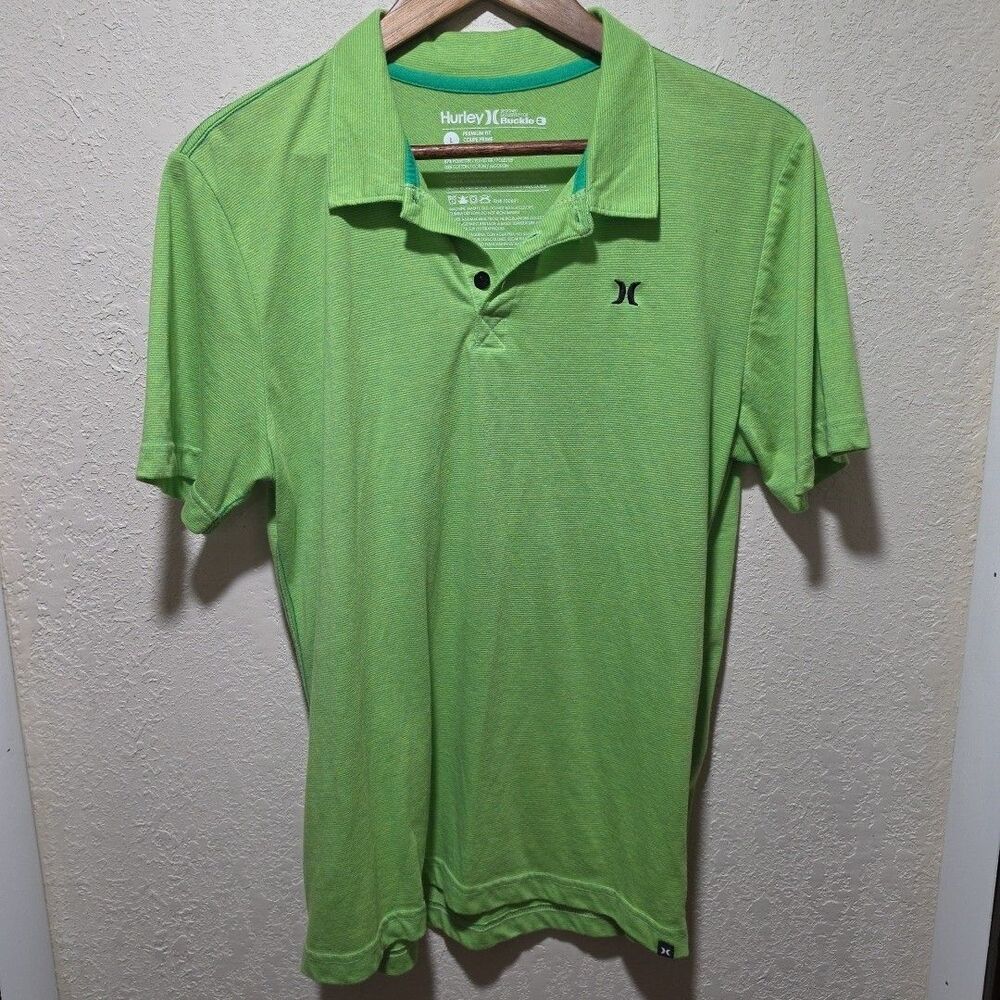 Hurley Buckle Mens Premium Fit Lime Green Striped Polo Shirt L Skater Retro Y2K